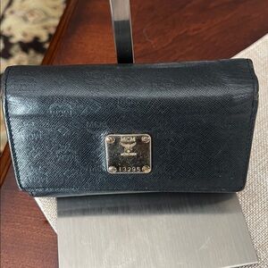 MCM Black Leather Logo Plate Continental Wallet with Gold Hardware GUC